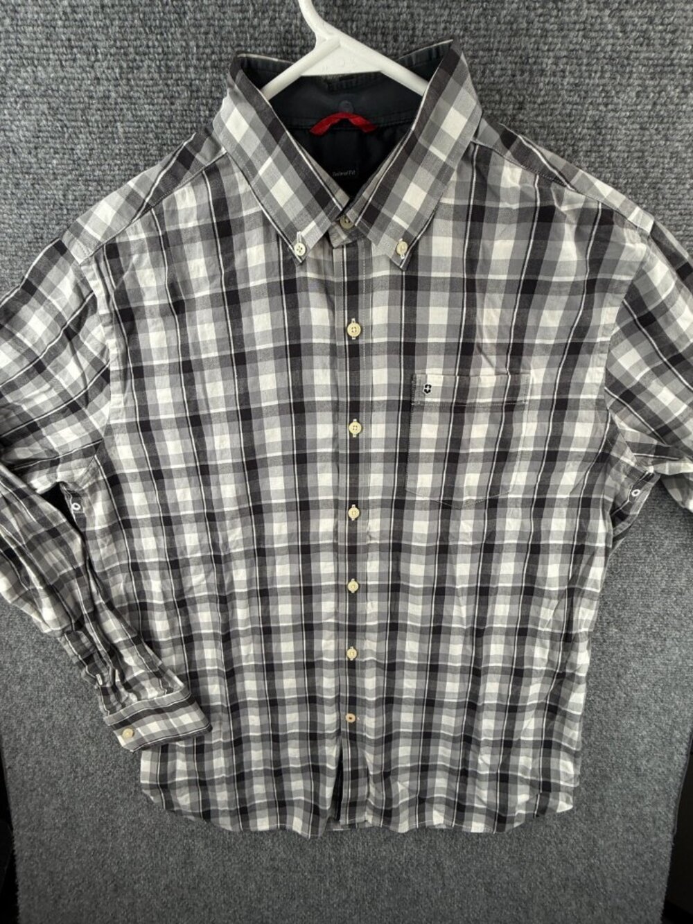 Victorinox Tailored Fit Long Sleeve Button Up Gray Plaid Large Cotton Spandex